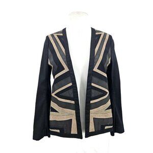 New Superfine Leather Strip Jacket Womens S Black Tan Open Front